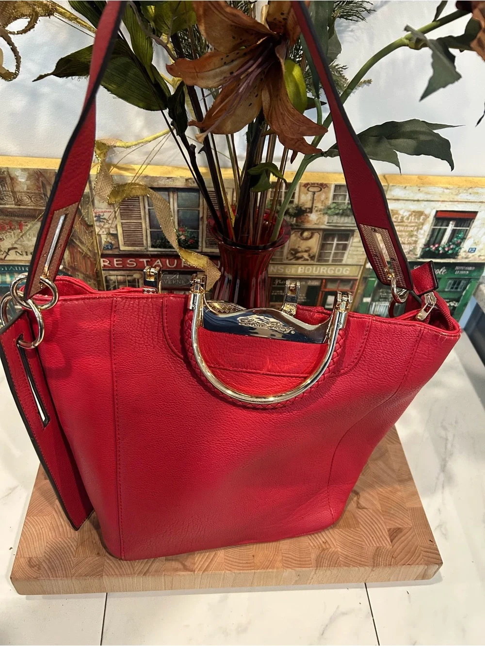 Red Leather Tote Bag with Gold Hardware - Brand Unspecified